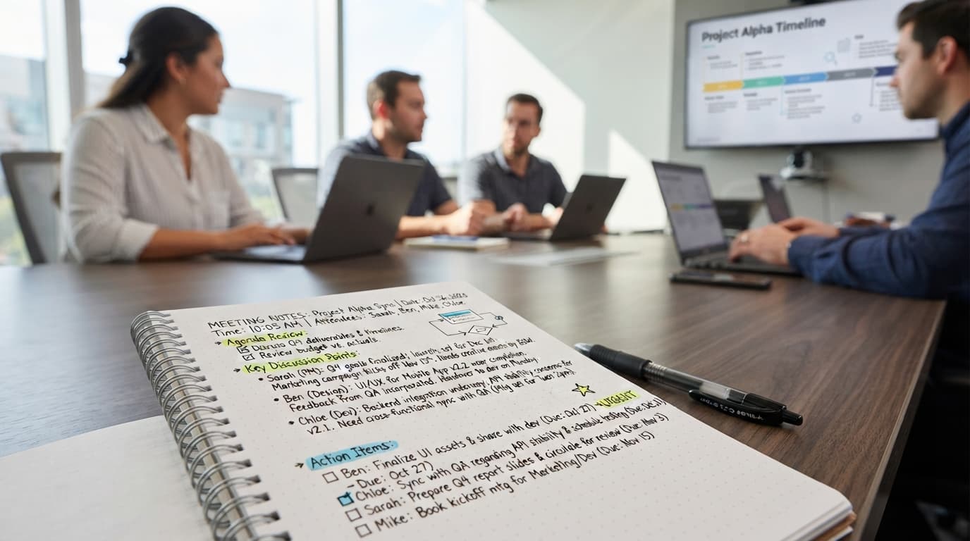 Meeting notes notebook open on a conference table